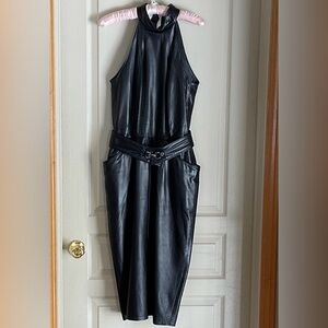 Vakko Black Leather Dress w/Belt, Open Back, MIDI Length RARE Vintage